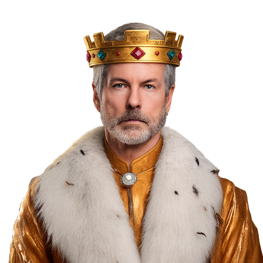 A stern king wearing a crown