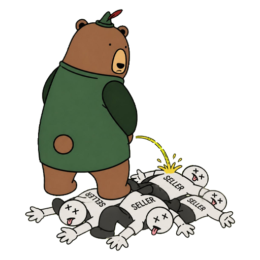 LIL BEAR stepping over paper-hand sellers